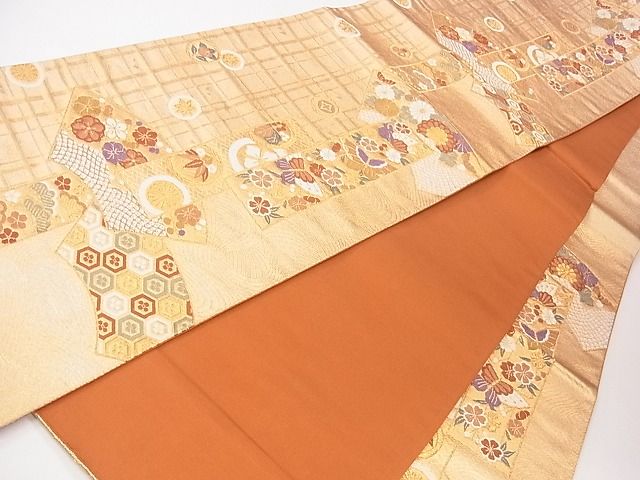 平和屋着物◎六通柄袋帯 唐織 地紙重ね短冊花蝶文 金糸 逸品 CAAG1951eg