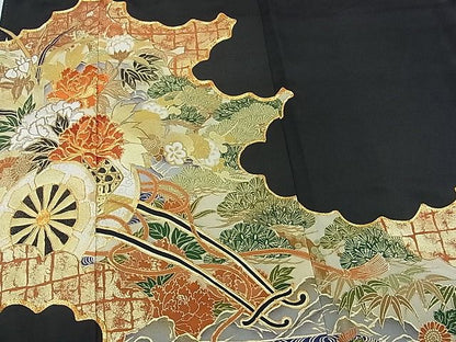 平和屋着物■豪華黒留袖　駒刺繍　雲取り花車文　金彩　逸品　DAAG1090we