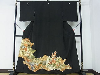 平和屋着物■豪華黒留袖　駒刺繍　雲取り花車文　金彩　逸品　DAAG1090we