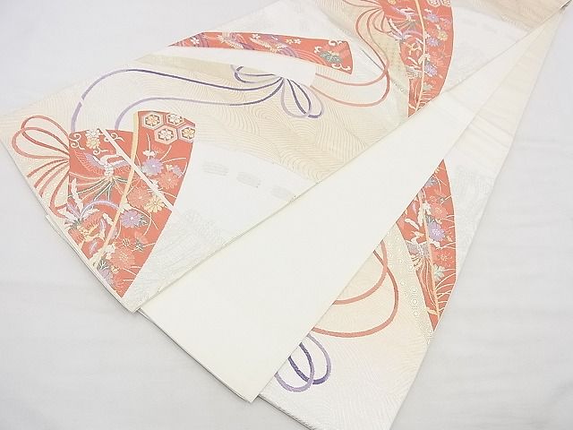 平和屋着物◎六通柄袋帯　唐織　扇面飛鶴花文　金銀糸　逸品　BAAG3186kj