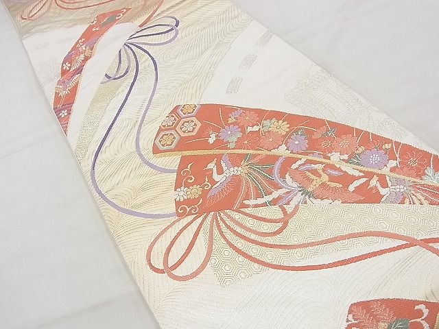 平和屋着物◎六通柄袋帯　唐織　扇面飛鶴花文　金銀糸　逸品　BAAG3186kj