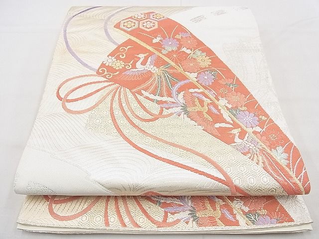 平和屋着物◎六通柄袋帯　唐織　扇面飛鶴花文　金銀糸　逸品　BAAG3186kj