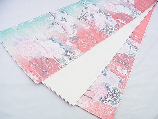 平和屋着物◎六通柄袋帯 唐織 鴛鴦扇面花文 銀糸 逸品 BAAH4402kj