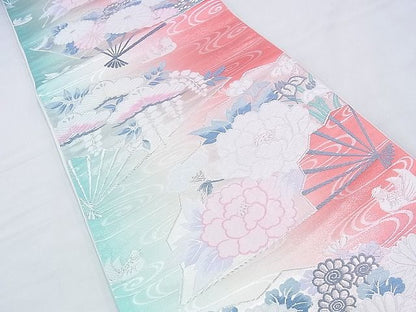 平和屋着物◎六通柄袋帯 唐織 鴛鴦扇面花文 銀糸 逸品 BAAH4402kj