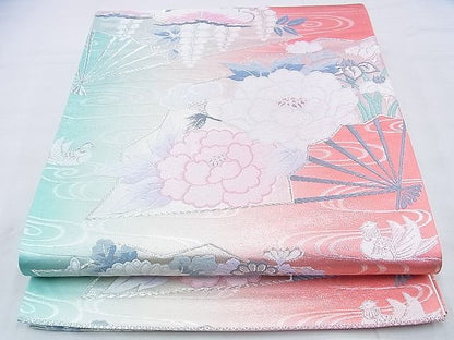 平和屋着物◎六通柄袋帯 唐織 鴛鴦扇面花文 銀糸 逸品 BAAH4402kj