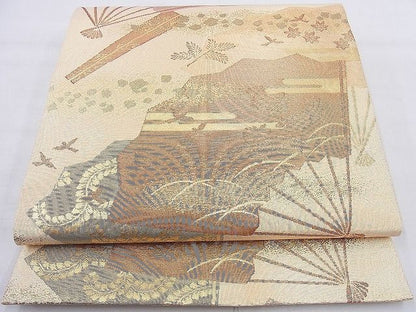 平和屋着物◎佐賀錦 六通柄袋帯 扇面花鳥文 金糸 逸品 BAAH8326wk