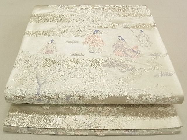 平和屋着物◎六通柄袋帯 人物風景花文 銀糸 逸品 DAAG5549tw