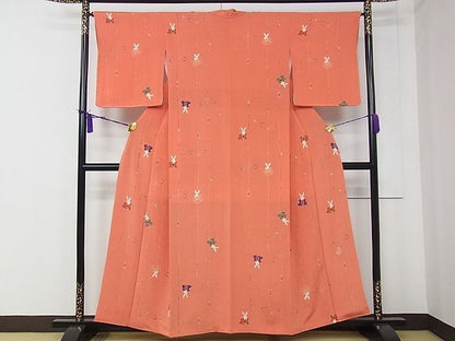 平和屋本店●極上　人形作家・ホリヒロシ　小紋　兎　金彩　鬼しぼ縮緬　鉛丹色地　逸品　CZAA0729s4
