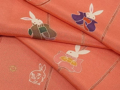 平和屋本店●極上　人形作家・ホリヒロシ　小紋　兎　金彩　鬼しぼ縮緬　鉛丹色地　逸品　CZAA0729s4
