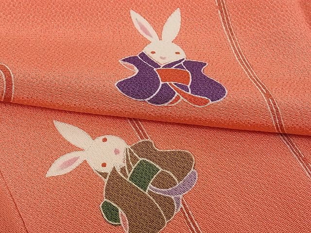 平和屋本店●極上　人形作家・ホリヒロシ　小紋　兎　金彩　鬼しぼ縮緬　鉛丹色地　逸品　CZAA0729s4
