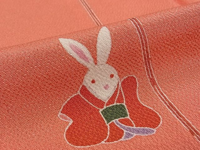平和屋本店●極上　人形作家・ホリヒロシ　小紋　兎　金彩　鬼しぼ縮緬　鉛丹色地　逸品　CZAA0729s4