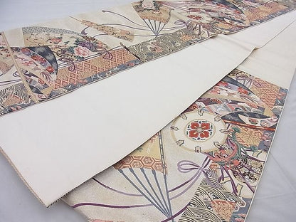平和屋着物■六通柄袋帯　唐織　扇面花鳥文　金糸　逸品　BAAH6653ea