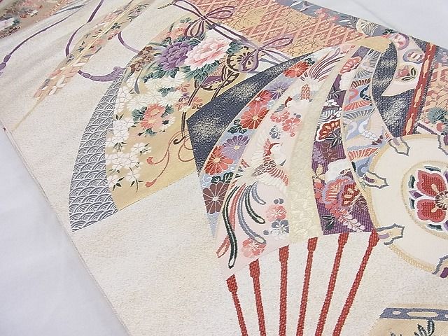 平和屋着物■六通柄袋帯　唐織　扇面花鳥文　金糸　逸品　BAAH6653ea