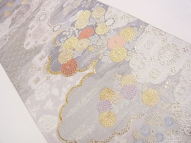 平和屋着物◎六通柄袋帯 雲取秋草 プラチナ 逸品 CAAG1997eg