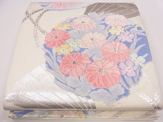 平和屋着物◎六通柄袋帯 唐織 檜扇花丸文 銀糸 逸品 CAAG1981eg