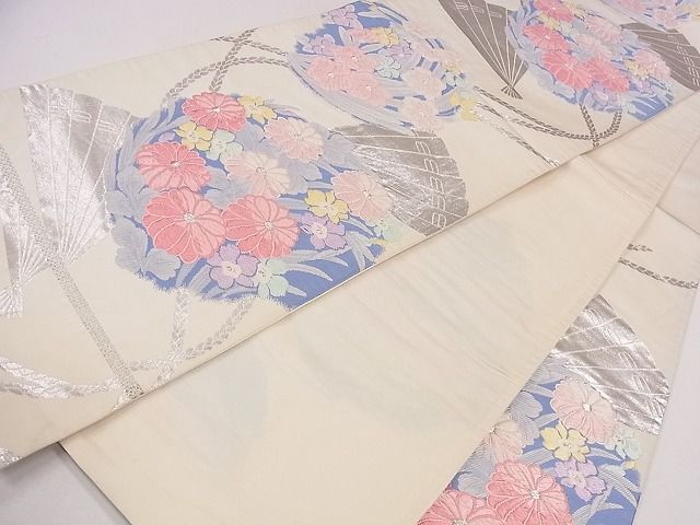 平和屋着物◎六通柄袋帯 唐織 檜扇花丸文 銀糸 逸品 CAAG1981eg