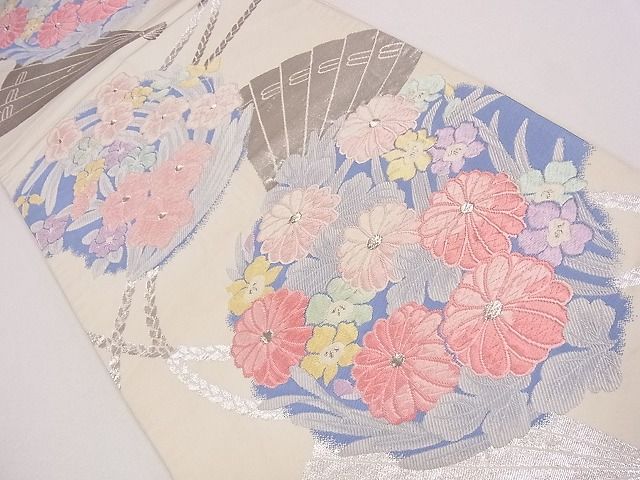 平和屋着物◎六通柄袋帯 唐織 檜扇花丸文 銀糸 逸品 CAAG1981eg