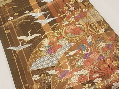 平和屋着物◎六通柄袋帯 唐織 扇面飛鶴花蝶文 金糸 逸品 CAAF2926ca