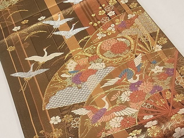 平和屋着物◎六通柄袋帯 唐織 扇面飛鶴花蝶文 金糸 逸品 CAAF2926ca