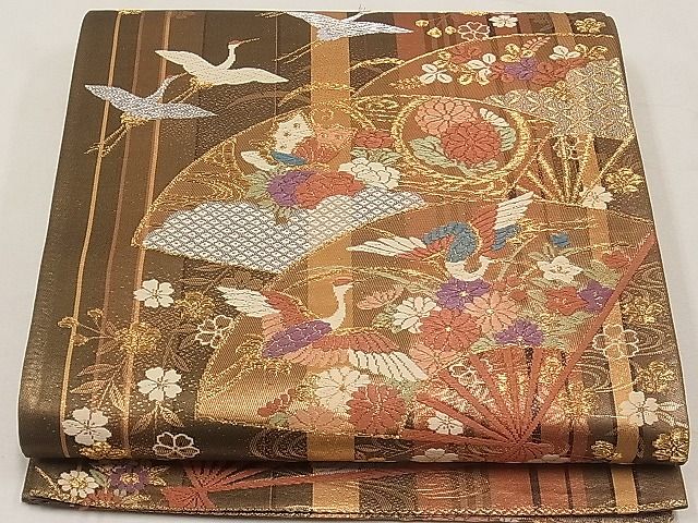 平和屋着物◎六通柄袋帯 唐織 扇面飛鶴花蝶文 金糸 逸品 CAAF2926ca
