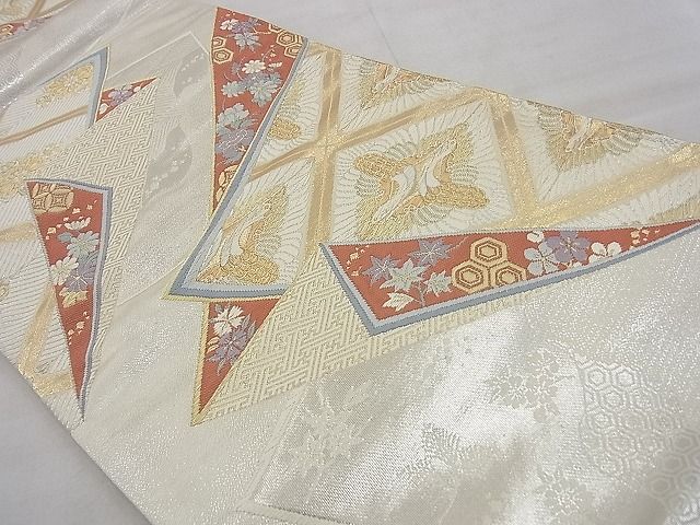 平和屋着物◎六通柄袋帯 唐織 向かい鶴菱色紙重ね 金銀糸 逸品 BAAH3253ph