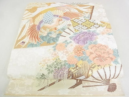 平和屋着物■六通柄袋帯 唐織 扇面鳳凰花車文 金糸 逸品 DAAF8975sa