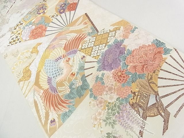 平和屋着物■六通柄袋帯 唐織 扇面鳳凰花車文 金糸 逸品 DAAF8975sa