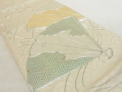 平和屋着物◎六通太鼓柄袋帯 駒刺繍 檜扇文 銀糸 正絹 逸品 AAAJ7006Apf