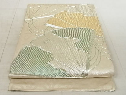 平和屋着物◎六通太鼓柄袋帯 駒刺繍 檜扇文 銀糸 正絹 逸品 AAAJ7006Apf