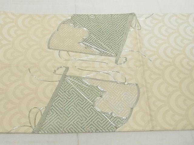 平和屋着物◎六通太鼓柄袋帯 駒刺繍 檜扇文 銀糸 正絹 逸品 AAAJ7006Apf