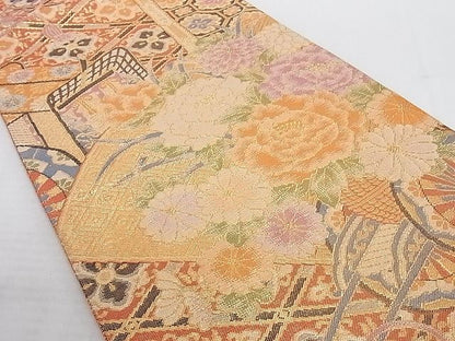 平和屋着物◎佐賀錦 六通柄袋帯 花車文 金糸 正絹 逸品 AAAJ7105Apf