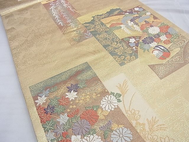 平和屋着物◎六通柄袋帯 唐織 短冊花鳥文 本うるし箔 金糸 逸品 BAAG8925du