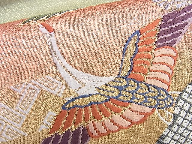 平和屋着物◎太鼓柄袋帯 唐織 飛鶴松エ霞文様 金銀糸 逸品 BAAG8924du