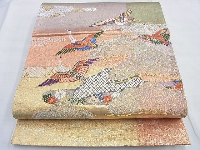 平和屋着物◎太鼓柄袋帯 唐織 飛鶴松エ霞文様 金銀糸 逸品 BAAG8924du