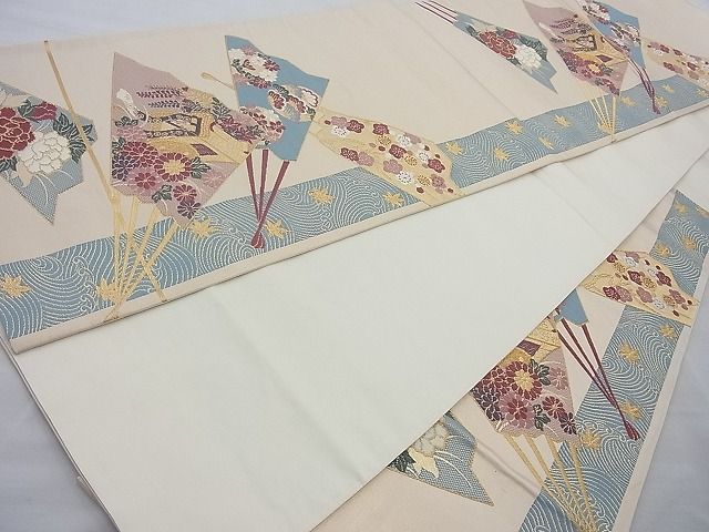 平和屋着物◎六通柄袋帯 唐織 扇面御所車文 金糸 逸品 BAAH2392cm
