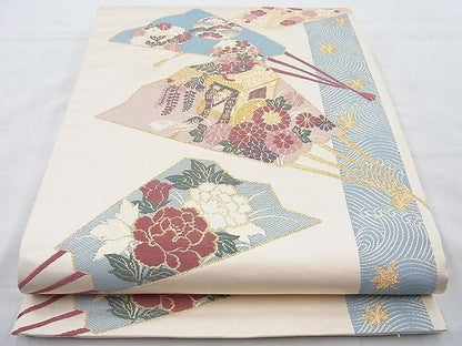 平和屋着物◎六通柄袋帯 唐織 扇面御所車文 金糸 逸品 BAAH2392cm