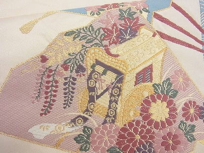 平和屋着物◎六通柄袋帯 唐織 扇面御所車文 金糸 逸品 BAAH2392cm