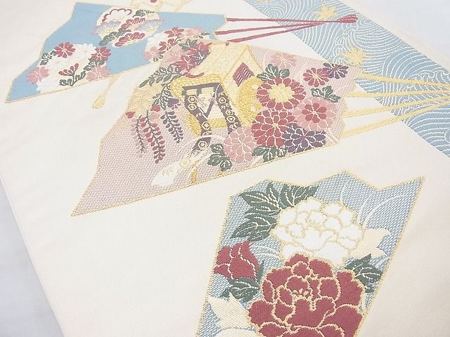 平和屋着物◎六通柄袋帯 唐織 扇面御所車文 金糸 逸品 BAAH2392cm