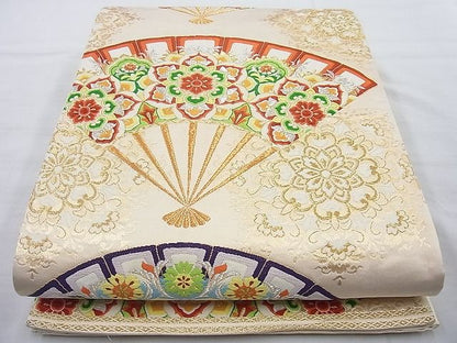 平和屋着物◎六通柄袋帯 唐織 正倉院扇面文 金銀糸 逸品 BAAH6067cm