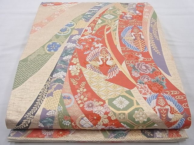 平和屋着物◎六通柄袋帯 唐織 誰が袖熨斗慶長文 金糸 逸品 BAAH6078cm