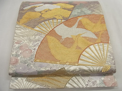 平和屋着物◎六通柄袋帯 唐織 扇面松鶴草花文 金銀糸 逸品 CAAG5263ak