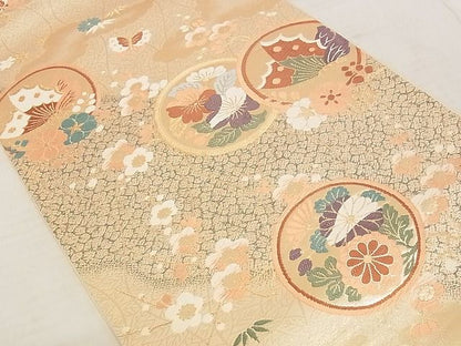 平和屋着物◎六通柄袋帯 唐織 道長花蝶丸文 金糸 正絹 逸品 AAAJ2896Ajz