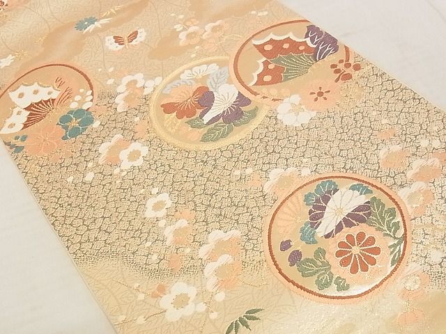 平和屋着物◎六通柄袋帯 唐織 道長花蝶丸文 金糸 正絹 逸品 AAAJ2896Ajz