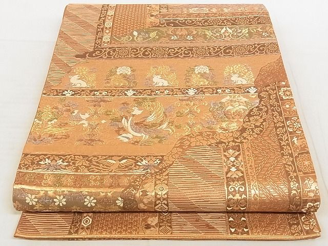 平和屋着物◎六通太鼓柄袋帯 道長鳳凰草花文 金糸 正絹 逸品 AAAJ2930Ajz