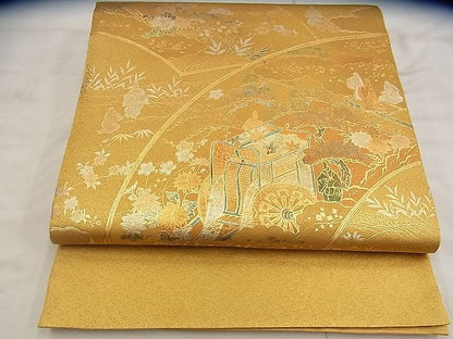 平和屋着物◎太鼓柄袋帯 御所車風景文 金彩 引箔 逸品 BAAG7665ui