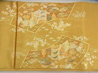 平和屋着物◎太鼓柄袋帯 御所車風景文 金彩 引箔 逸品 BAAG7665ui