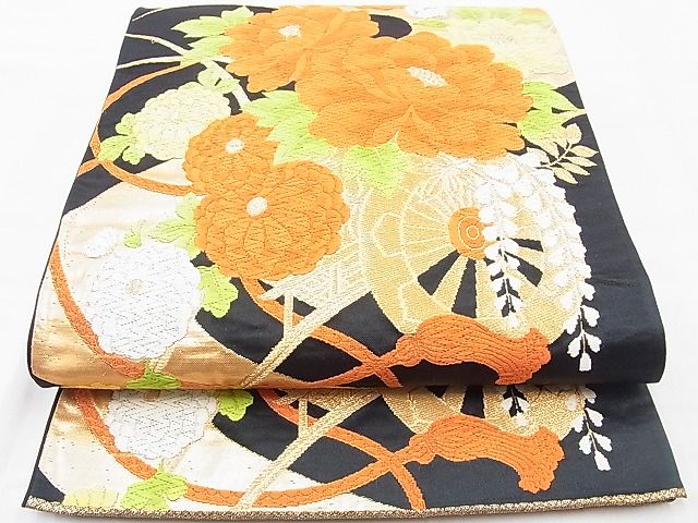 平和屋着物◎六通柄袋帯 唐織 花車文 黒地 金銀糸 逸品 BAAH5208ui