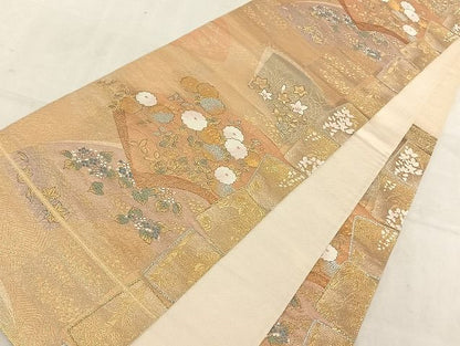 平和屋着物◎六通柄袋帯 市松扇面重 金銀糸 正絹 逸品 AAAI7539Bfw