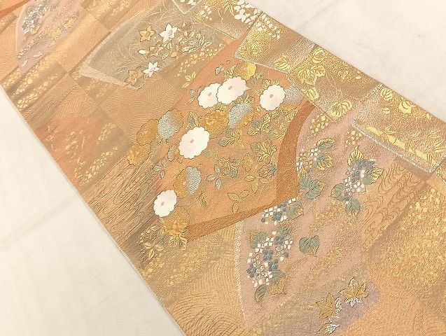 平和屋着物◎六通柄袋帯 市松扇面重 金銀糸 正絹 逸品 AAAI7539Bfw