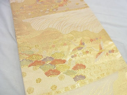 平和屋着物◎六通柄袋帯 唐織 飛鶴草花文 金糸 逸品 BAAH2964jm
